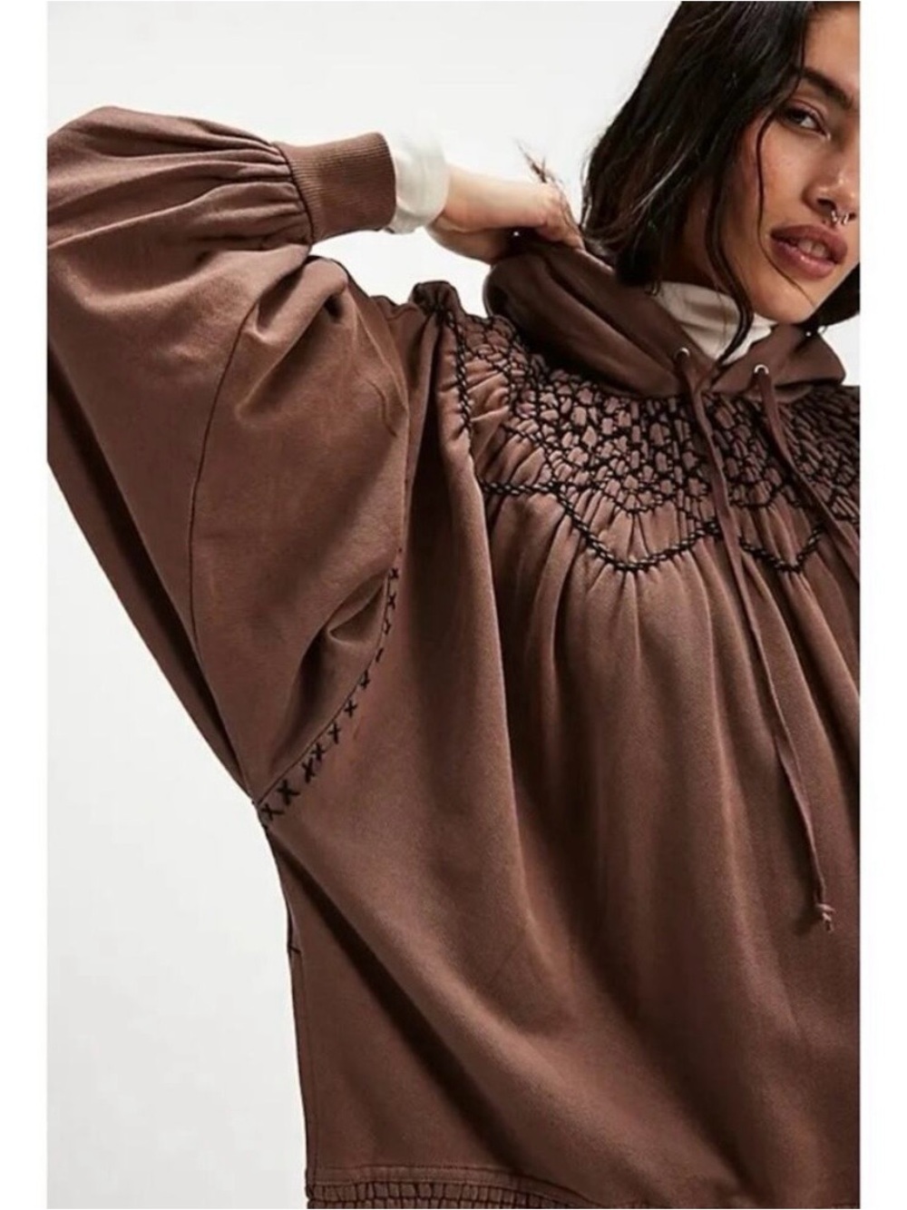Free People Marty Smocked Hooded Mini Dress Size Large - Picture 2 of 11
